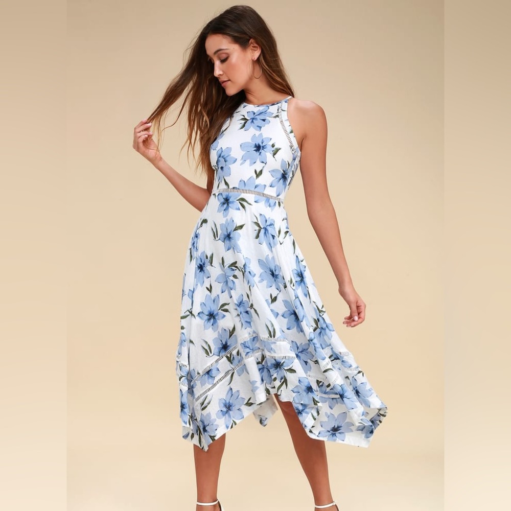 Lulu’s Blue and White Floral Print Midi Dress